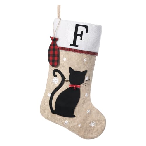 Personalized Cat Christmas Stocking with Wood Fish Tags - 20 Inch Holiday Pet Gift (Letter F) - Cat / Cat-F