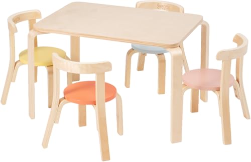 Kids Wooden Table and 4 Chairs Set - Natural & Pastels, Toddler Furniture for Playroom & Home