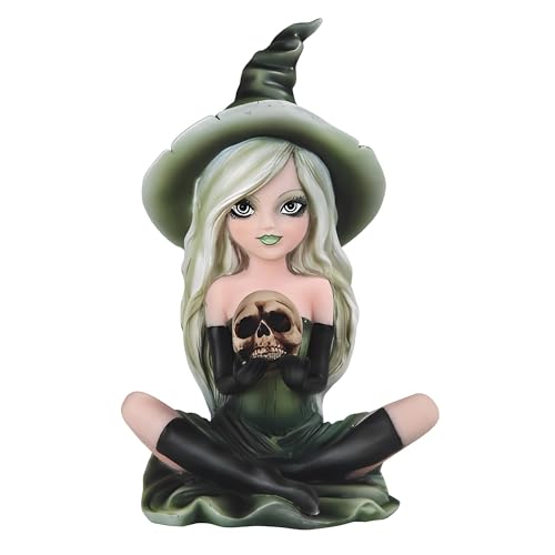 Green Witch Girl Figurine with Skull Statue - Fantasy Decor Gift