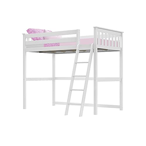Twin High Loft Bed Frame, Solid Wood Kids Bed with Ladder, White