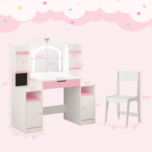 3-in-1 Kids Vanity Desk and Chair Set with LED Mirror and Storage