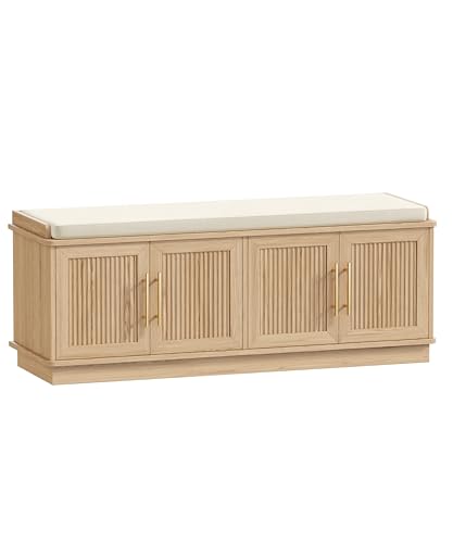 47-inch Fluted Shoe Storage Bench with Padded Cushion and Adjustable Shelves