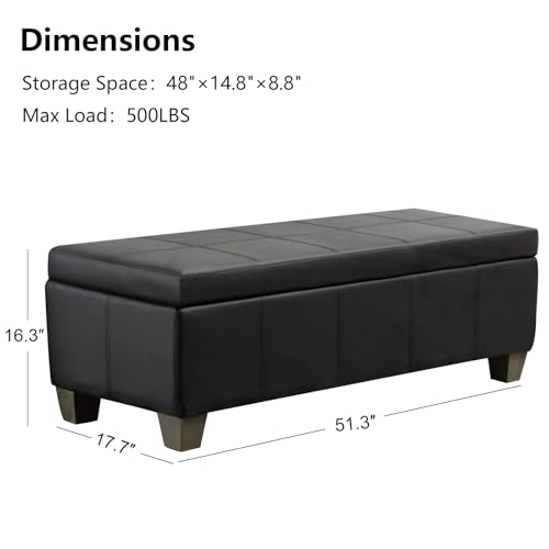 51-Inch Faux Leather Storage Ottoman Bench with Safety Hinge, Black