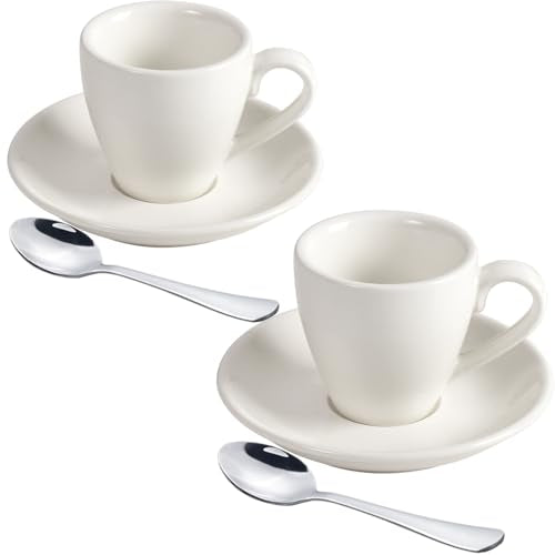 White IonEgg Porcelain Espresso Cups with Saucer & Mini Spoons, 80ml, Pack of 2