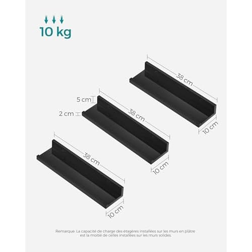 SONGMICS Floating Shelves, Set of 3 Wall Shelves, 15-Inch Wide, for Photo Frames and Trinkets, for Living Room, Home Office, Kitchen, Bathroom, Black ULWS38BK
