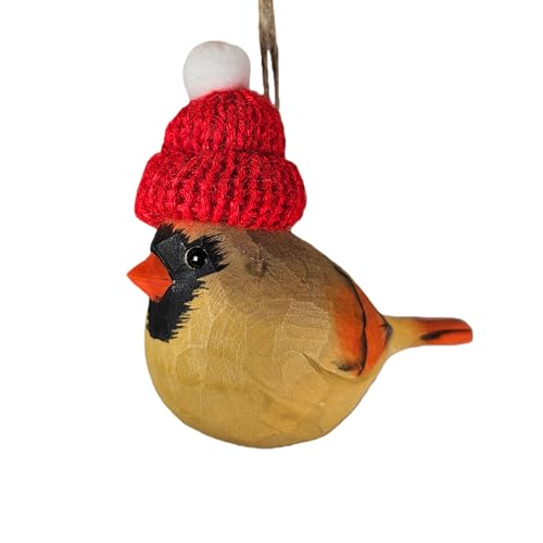 Hand-Carved Wooden Cardinal Ornament with Red Knit Hat - Gift Boxed