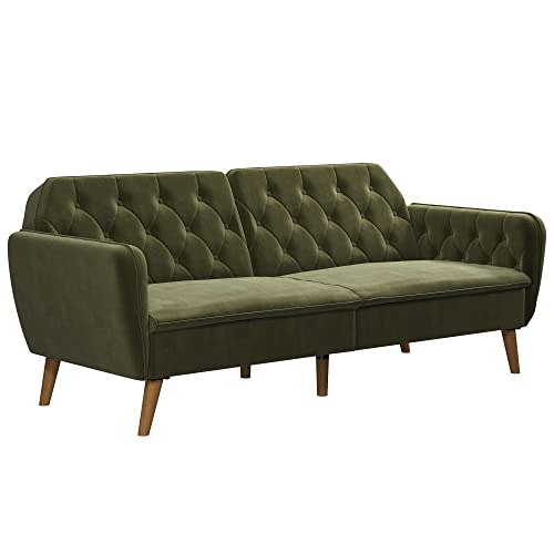 Green Velvet Memory Foam Convertible Futon Sofa Bed with Button Tufting