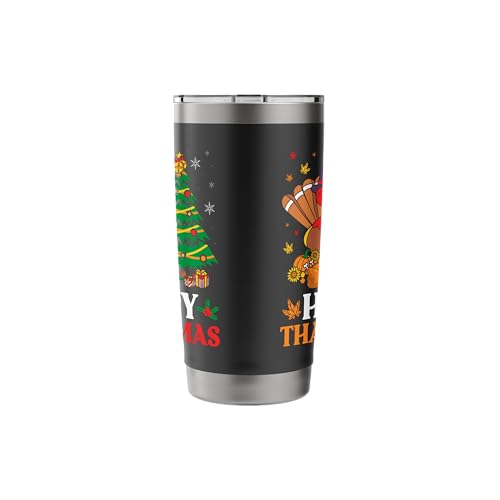 Happy Thanksmas Funny Turkey Stainless Steel Insulated Tumbler 20oz Black for Thanksgiving & Christmas