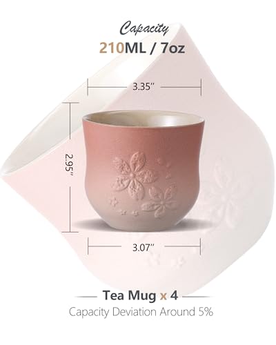 ZENS Pink Sakura Matcha Tea Cups Set of 4 - 210ml Ceramic Japanese Style