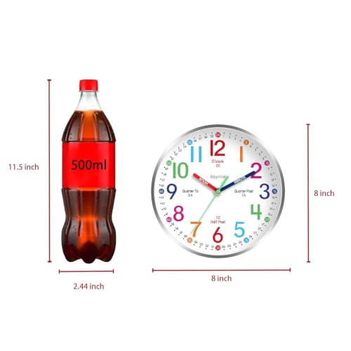 Kids Learning Wall Clock - 8 Inch Silent Non-Ticking Analog Teaching Clock