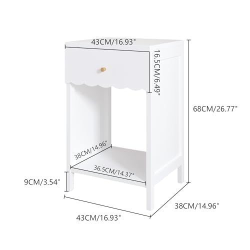 Modern Scalloped Nightstand with Drawer and Open Shelf, White Side Table