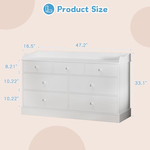 7-Drawer Kids Dresser with Raised Edge Top - White Nursery Storage Cabinet