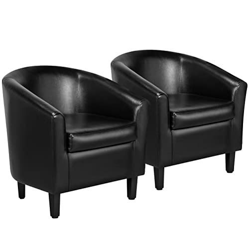 Set of 2 Faux Leather Barrel Accent Chairs with Solid Wood Legs