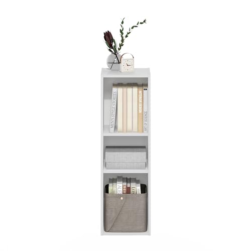 Furinno Fulda Narrow 3-Tier White Bookshelf, 10W, Adjustable Shelves, Small Space Storage