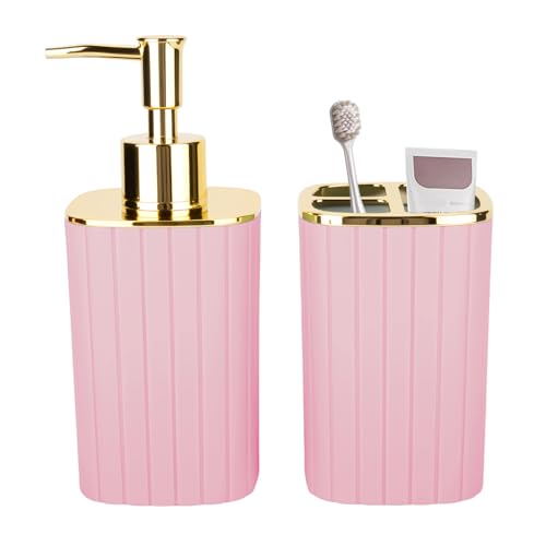 2-Piece Pink Bathroom Accessory Set with Soap Dispenser & Toothbrush Holder