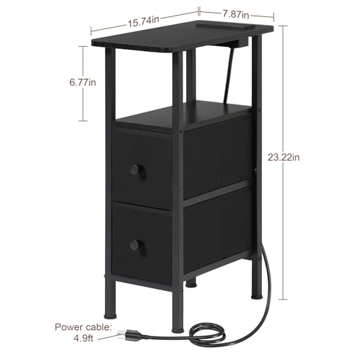 Narrow End Table with Charging Station & 2 Fabric Drawers - Slim Side Table