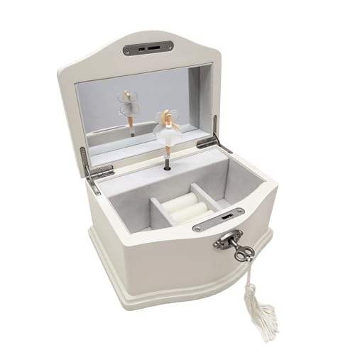 White Wooden Musical Jewelry Box with Spinning Ballerina and Mirror