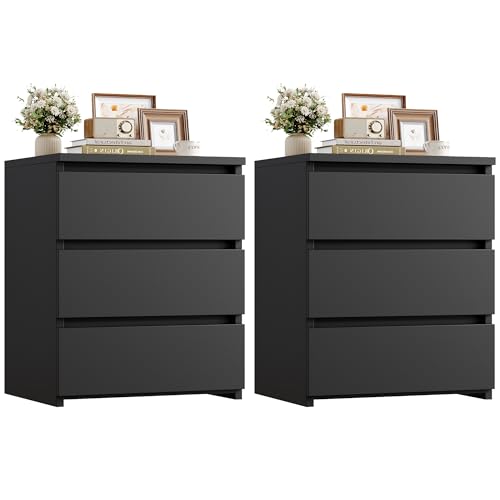 3-Drawer Nightstand Set of 2, Modern Black Bedside Table for Bedroom