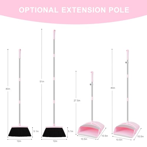 Pink Long Handle Broom and Dustpan Set with Self-Cleaning Teeth