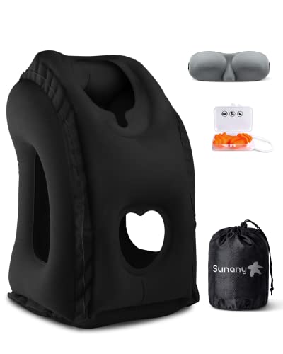 Inflatable Travel Neck Pillow with Eye Mask & Earplugs - Black
