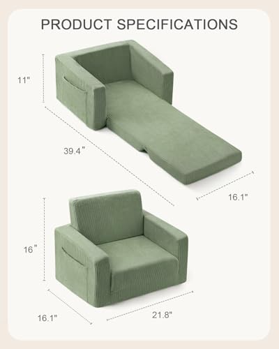 2-in-1 Fold-Out Kids Sofa Chair - Cozy Corduroy Convertible Couch, Green