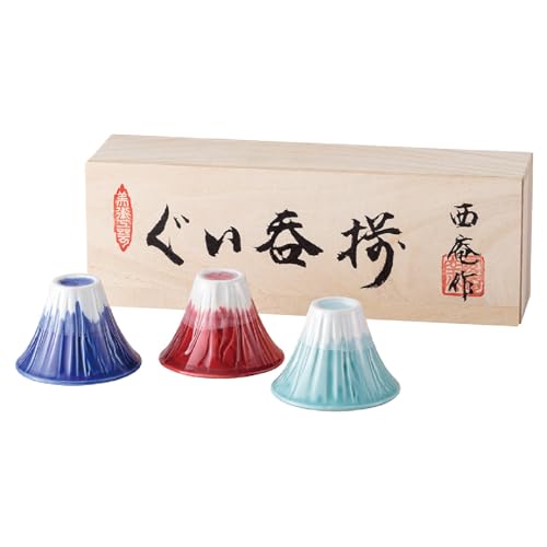Waraku Fuuka 3-Pack Mount Fuji Sake Cups - Blue Red Snow Porcelain Ochoko Gift Set