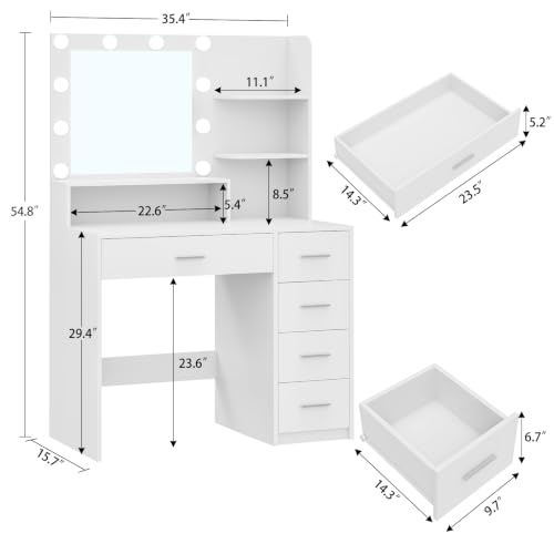 White Makeup Vanity Desk with Lighted Mirror, 5 Drawers & Storage Shelves