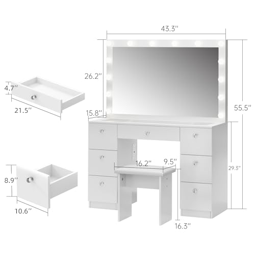 44-Inch Makeup Vanity Desk with Lighted Mirror, 7 Drawers and Stool