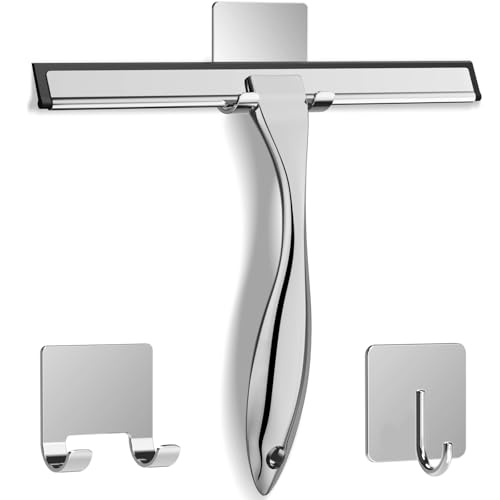Docrok 10-Inch Stainless Steel Shower Squeegee with Hooks for Glass Doors
