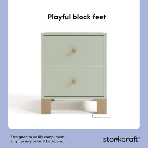 2-Drawer Wooden Nightstand for Kids Bedroom, Sage and Driftwood Finish