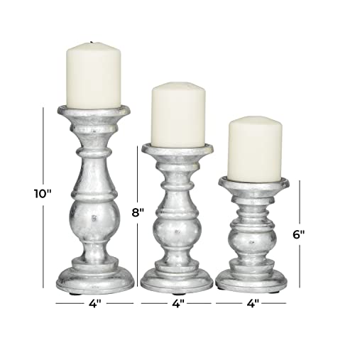 Deco 79 Traditional Mango Wood Pillar Candle Holder, Set of 3 10", 8", 6"H, Silver