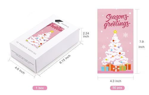 Wrapaholic 50Pcs Pink Christmas Tree Gift Hand Towels – 3-Ply Paper Napkins, 4.3 x 7.9 in, Xmas Holiday