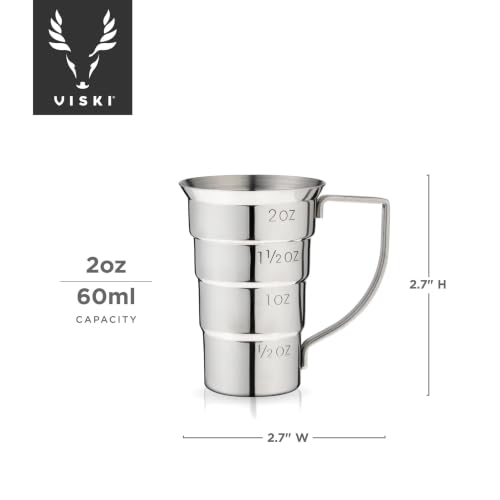 Viski Silver Stepped Jigger with Handle - 4 Measurement Markings, Stainless Steel Bar Tool