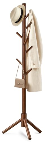 Freestanding Wooden Coat Rack Stand with 8 Hooks, 3 Adjustable Heights