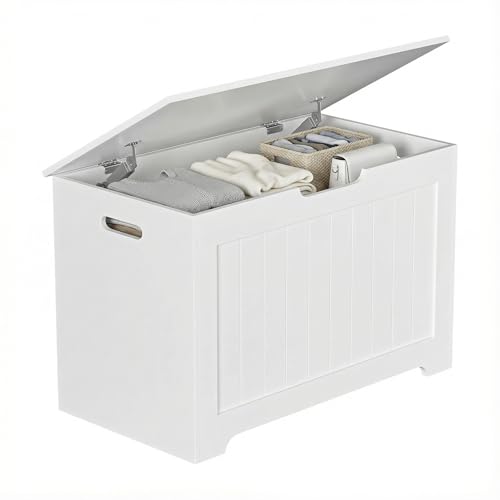 Large Wood Storage Chest with Safety Hinge and Flip-Top Lid, 100L White