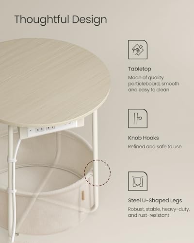 Round Side Table with Charging Station and Fabric Storage Basket