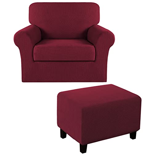 Stretch Fit Chair Slipcover with Cushion Cover & Ottoman Cover - Burgundy