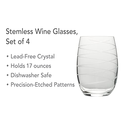 Stemless Wine Glasses 17oz - Set of 4 Etched Glassware for Red and White Wine