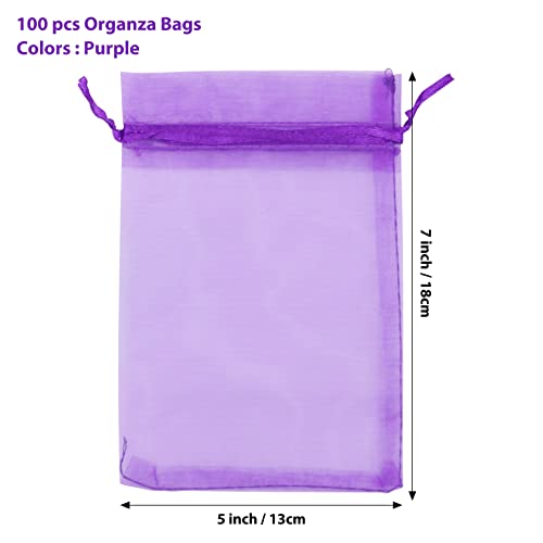 ANZNKU 100 Pcs Purple Organza Bags 5 x 7 in – See-Through Gift Drawstring Bags