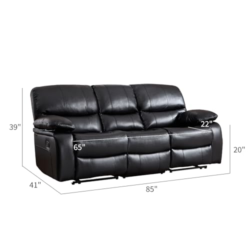 3-Seat Faux Leather Manual Reclining Sofa with Drop-Down Table and Cup Holders