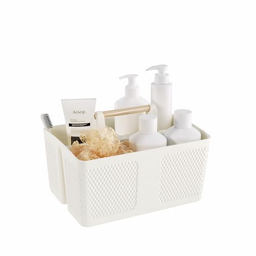 Portable Shower Caddy with Wooden Handle - 3-Compartment Bathroom Organizer