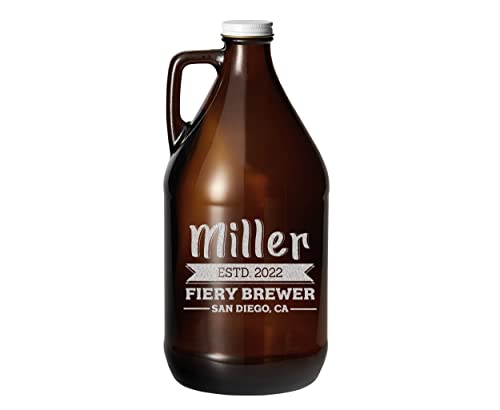 64 oz Amber Glass Beer Growler with Handle - Personalized Refillable Jug