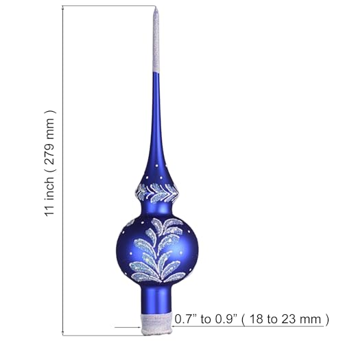 Blue Glass Christmas Tree Topper - Handcrafted Snow Glitter Finial, 11 Inch