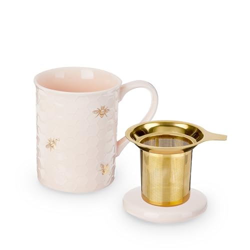 Honeycomb Pink 12oz Ceramic Tea Cup with Infuser & Lid - Travel Mug Set of 1