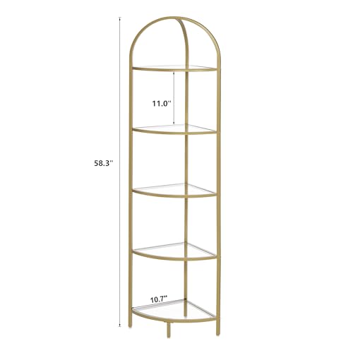 5-Tier Gold Corner Shelf, Modern Metal and Glass Storage Display Stand