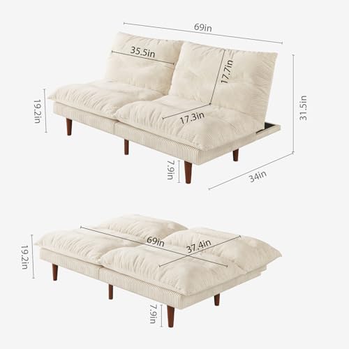 69-Inch Corduroy Convertible Futon Sofa Bed with Adjustable Backrest