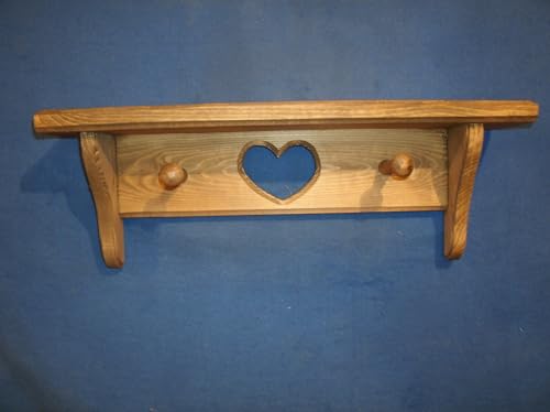 16-Inch Rustic Wooden Wall Shelf with Heart and Pegs, Walnut Stained