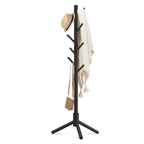Adjustable Wooden Coat Rack Stand with 8 Hooks, Freestanding Pine Tree