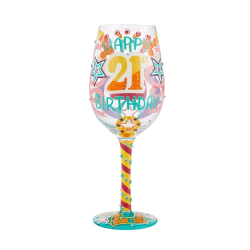 Enesco Designs by Lolita Happy 21st Birthday Hand-Painted Artisan Wine Glass, 15 Ounce, Multicolor