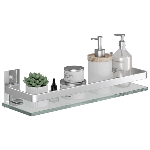 Wall-Mounted Tempered Glass Bathroom Shelf with Matte Silver Guardrail
